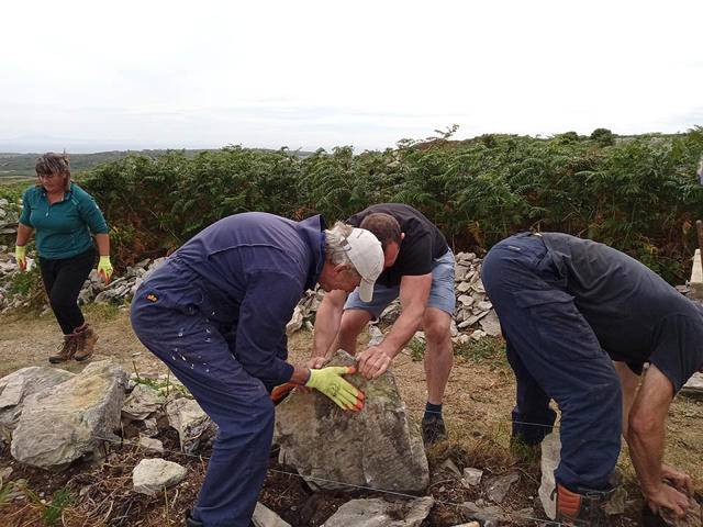 Gwirfoddolwyr yn gosod cerrig sylfaen mawr cyn ailadeiladu
