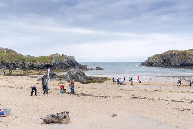 Gwirfoddolwyr a phlant ysgol yn cymryd rhan mewn helfa 'nurdle'