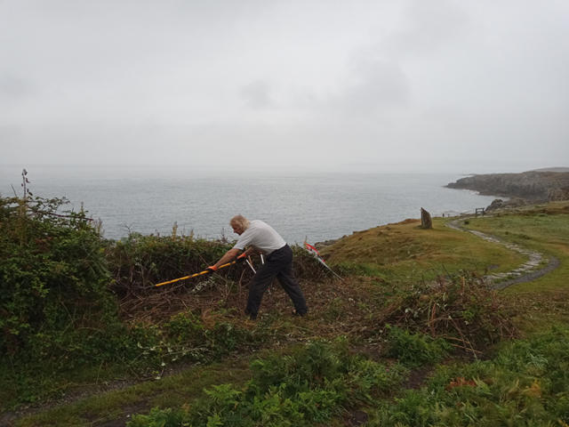 Gwirfoddolwr yn clirio gordyfiant oddi ar y llwybr troed