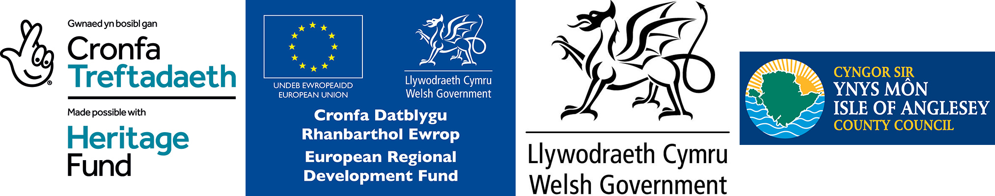 Logos o'r chwith i'r dde: Cronfa Treftadaeth, Cronfa Datblygu Rhanbarthol Ewrop, Llywodraeth Cymru, Cyngor Sir Ynys Môn
