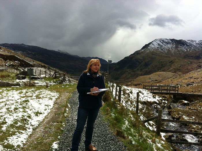 Llun o Jane Paice yn braslunio tu allan.