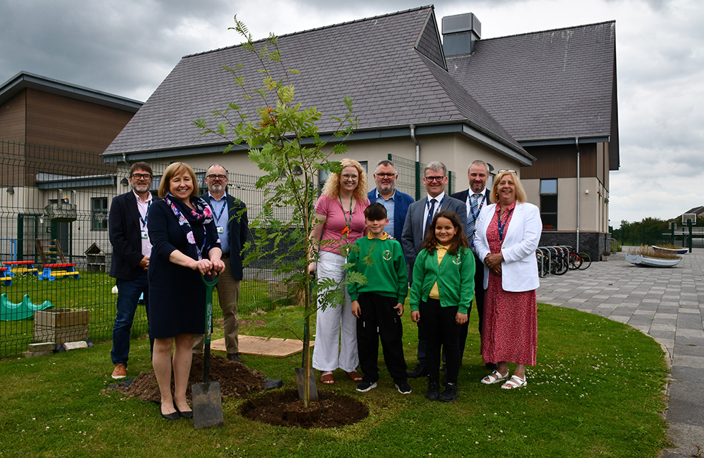 Plant ysgol o Ysgol Santes Dwynwen yn plannu coeden